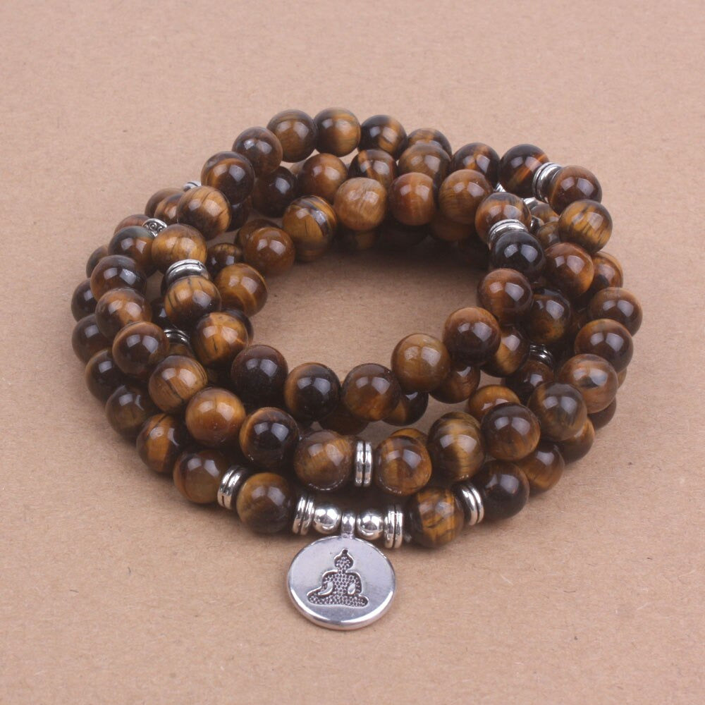 108 Tiger Eye Buddha Mala Beads Necklace