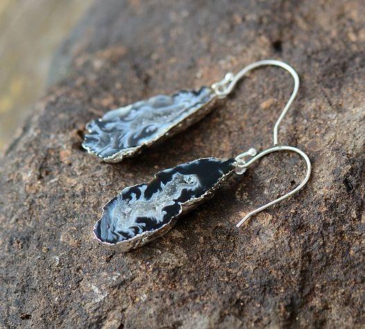 Natural Sliced Grey Druzy Geode Earrings-Your Soul Place