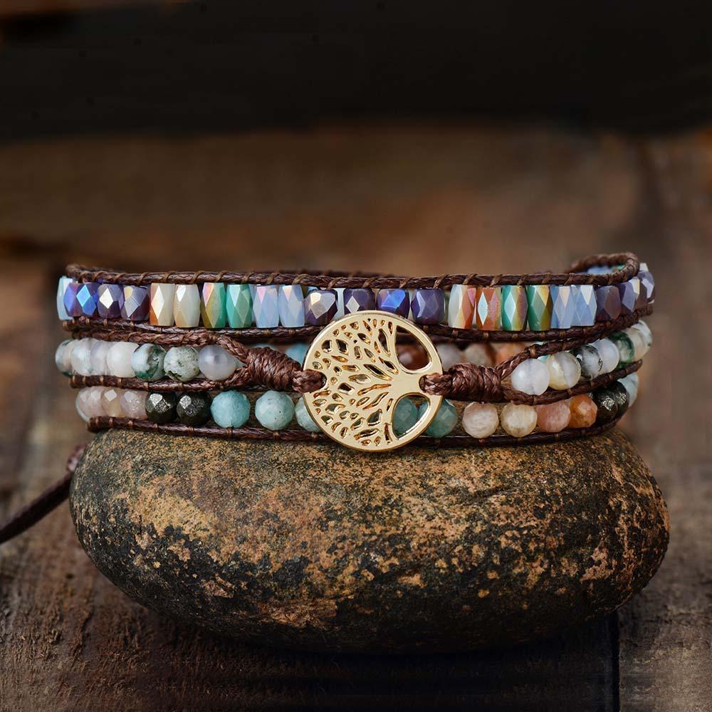 Natural Mixed Gemstones and Tree of Life Wrap Bracelet-Your Soul Place