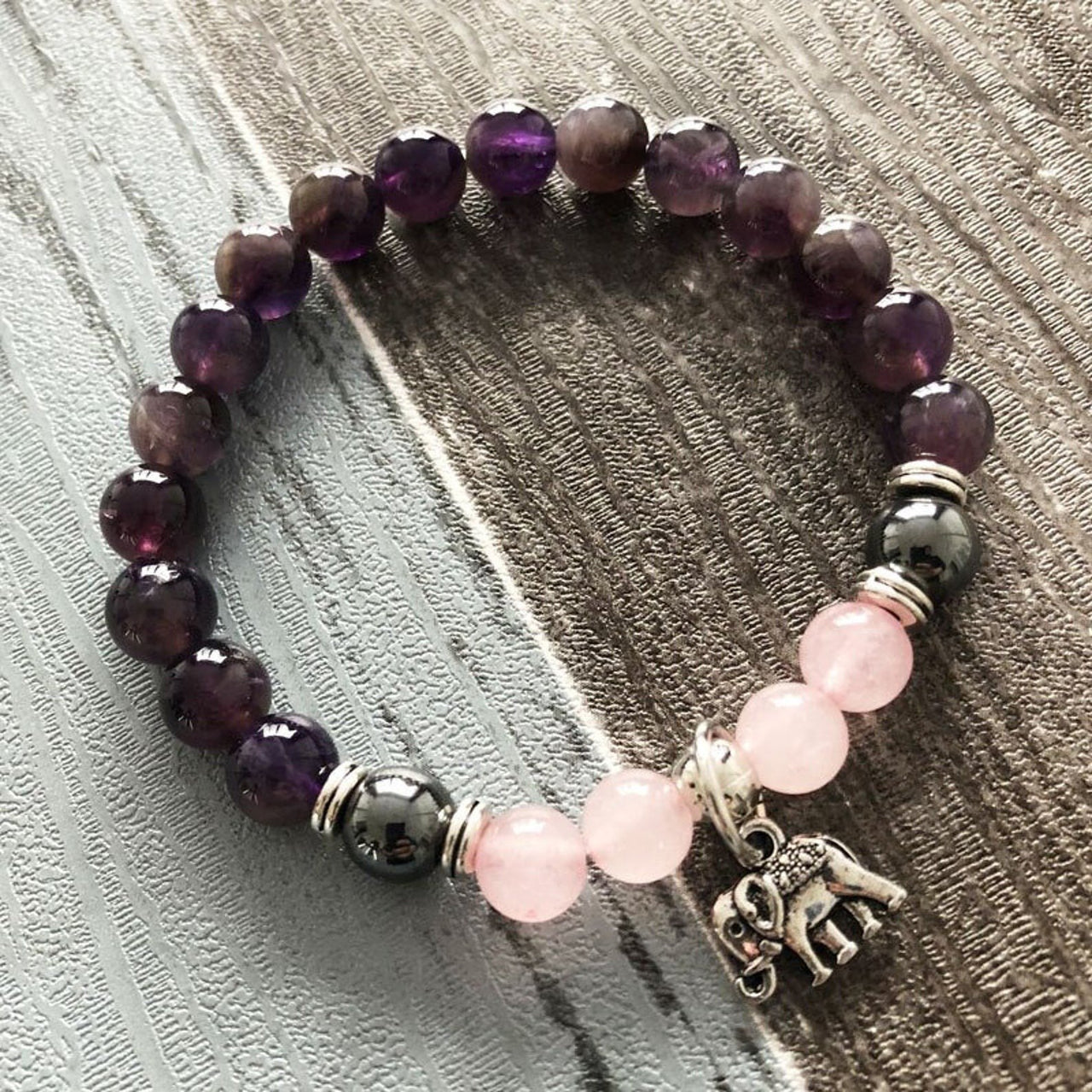 Meditation Rose Quartz Amethyst Elephant Charm Bracelet-Your Soul Place