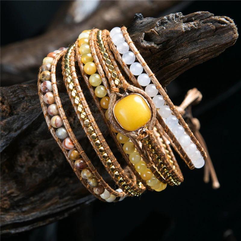 BOHO Yellow Jade Beaded Wrap Bracelet-Your Soul Place
