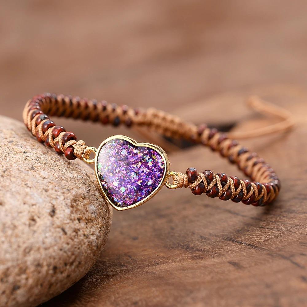 Purple Floral Heart Opal Braided Bracelet-Your Soul Place