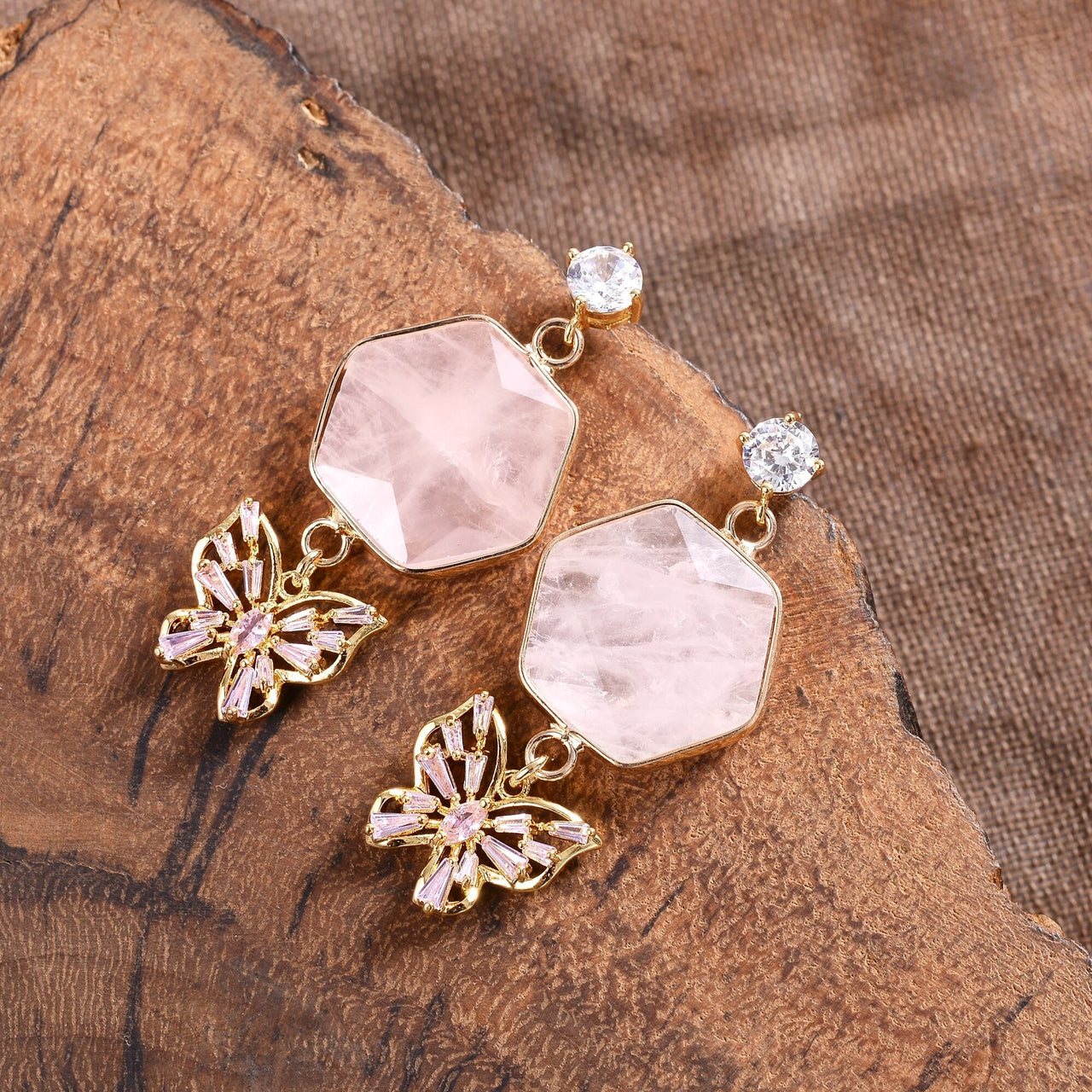 Happy Butterfly Statement Rose Quartz Dangle Earrings-Your Soul Place