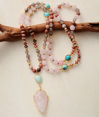 Thumbnail for Pink Rose Quartz Arrowhead Mala Turquoise Necklace-Your Soul Place