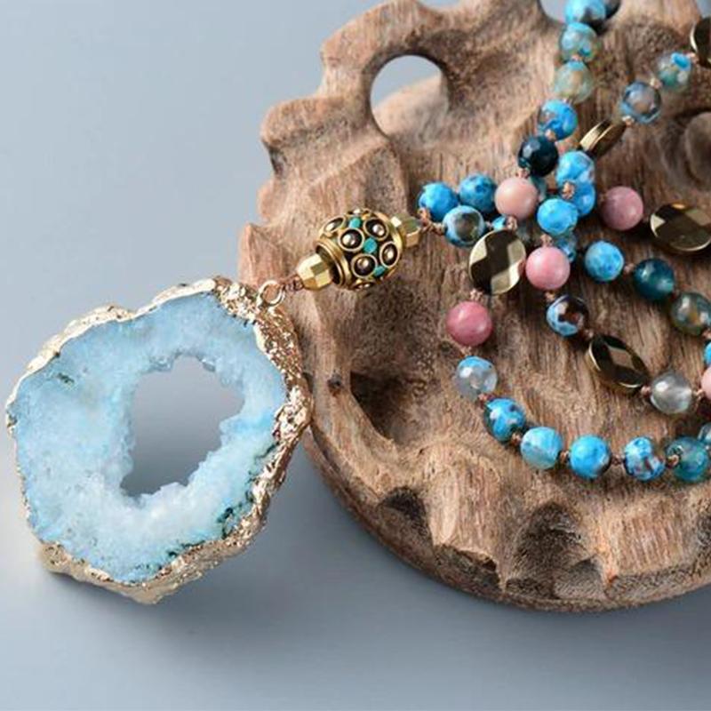 Tibetan Dzi Agate Beaded Mala Turquoise Geode Necklace-Your Soul Place