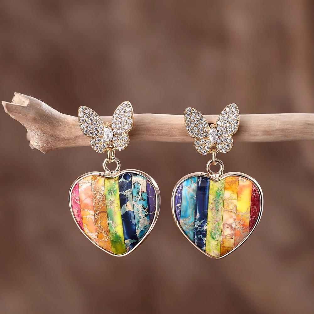 Diamond Butterfly Heart Jasper Earrings-Your Soul Place