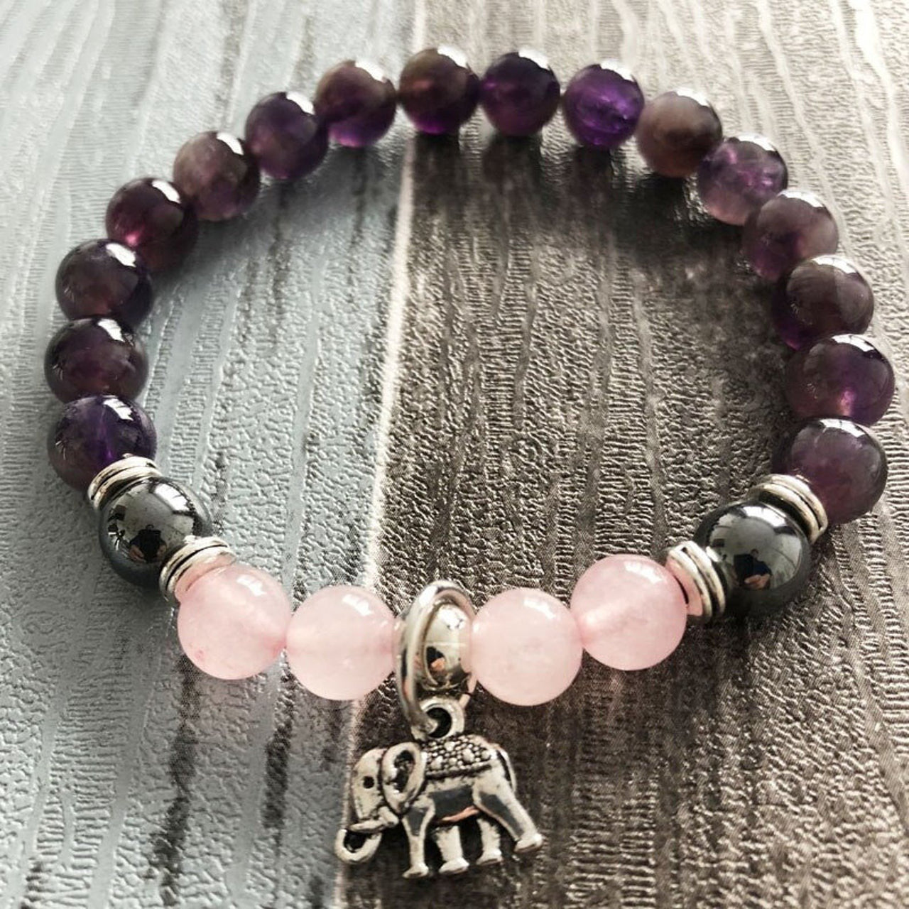 Meditation Rose Quartz Amethyst Elephant Charm Bracelet-Your Soul Place