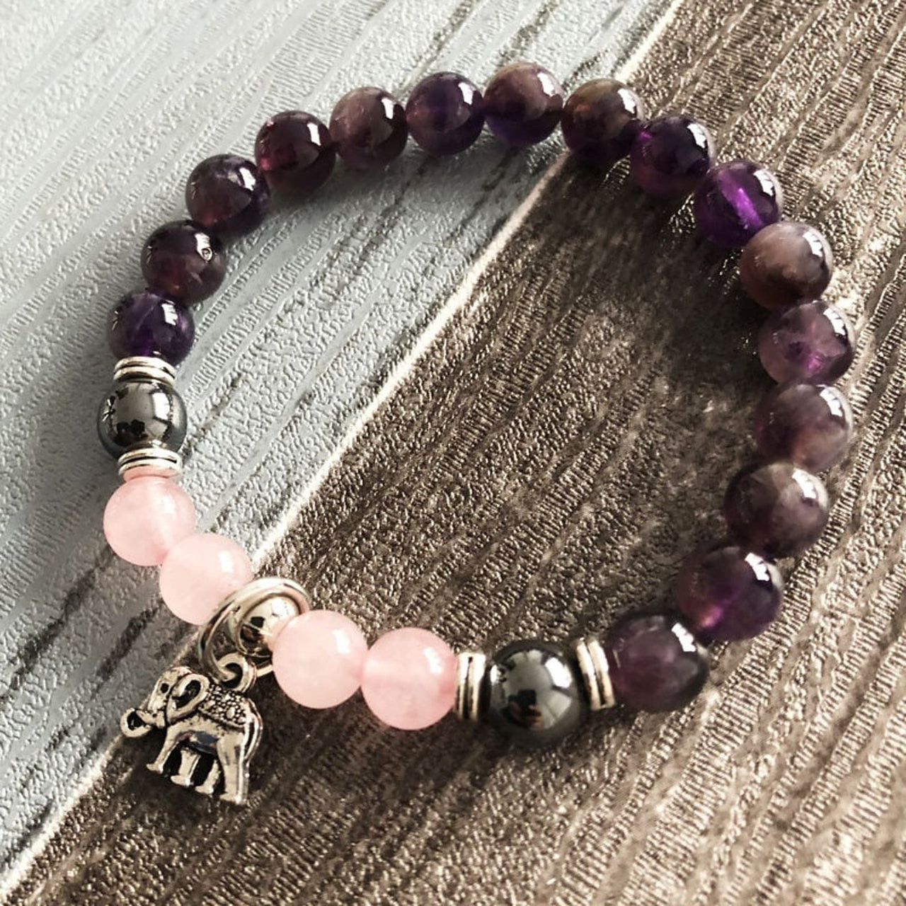 Meditation Rose Quartz Amethyst Elephant Charm Bracelet-Your Soul Place