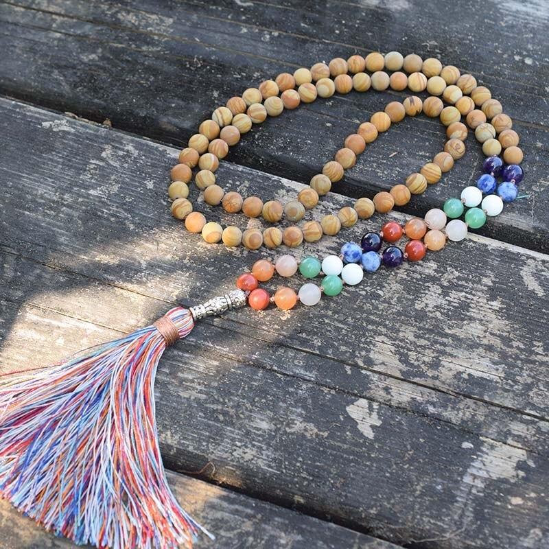 7 Chakra Wood Grain Stone 108 Beads Mala Necklace-Your Soul Place