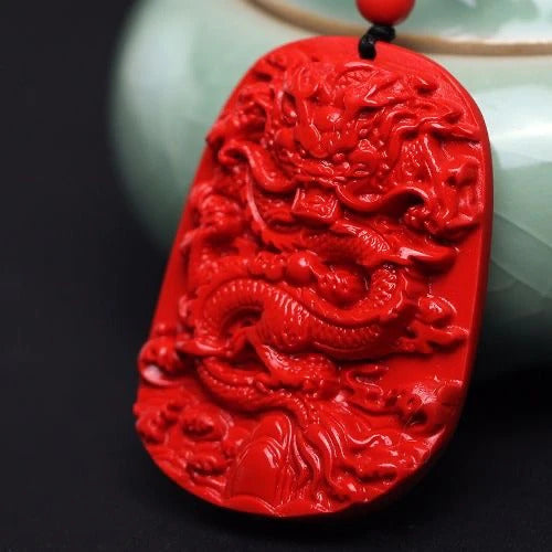 Engraved Red Cinnabar Dragon Spirit Pendant Necklace