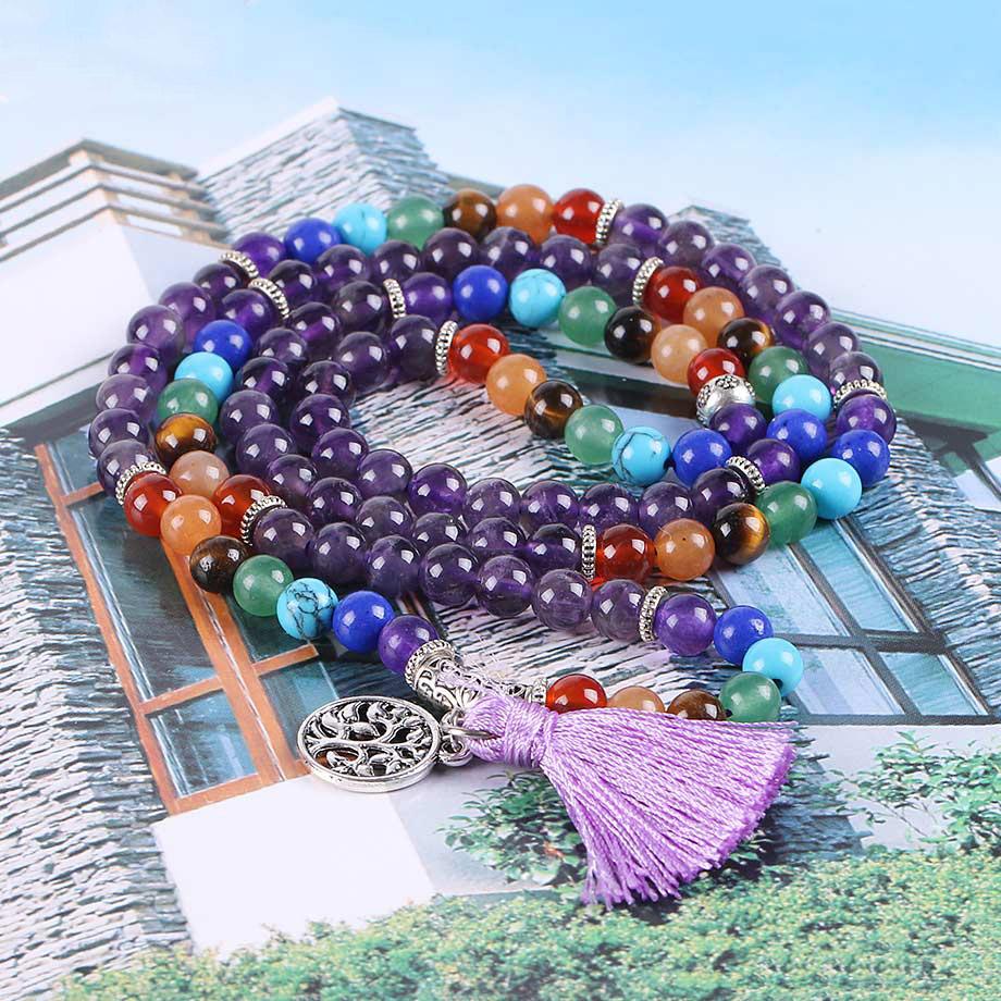 Tree of Life 7 Chakra Amethyst 108 Mala Beads Bracelet-Your Soul Place