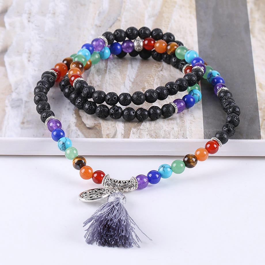 Tree of Life 7 Chakra Black Lava Rock 108 Mala Beads Bracelet-Your Soul Place