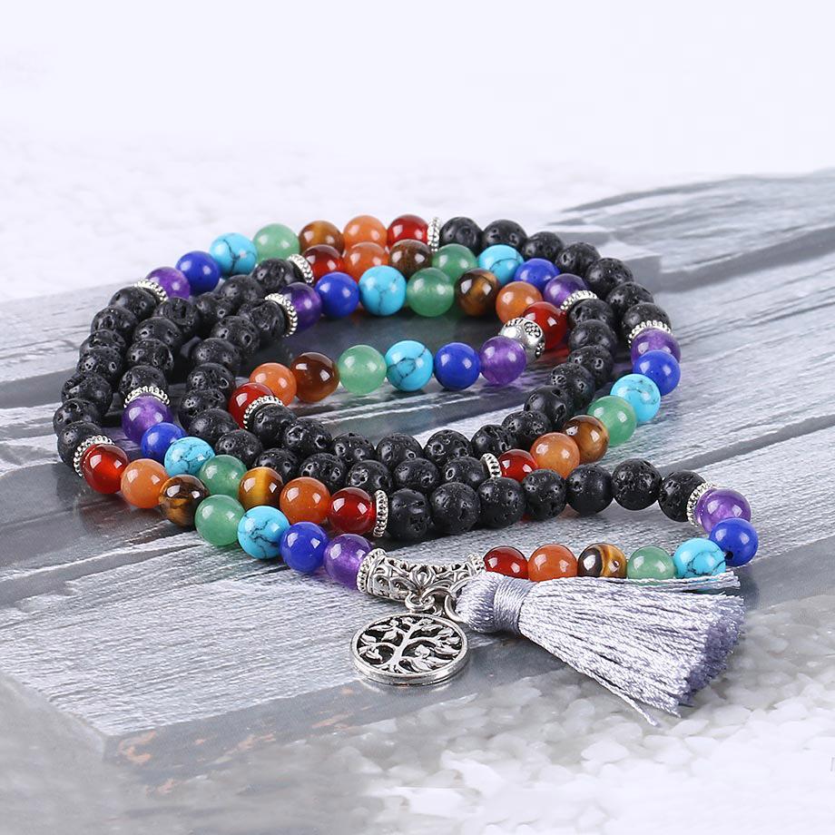 Tree of Life 7 Chakra Black Lava Rock 108 Mala Beads Bracelet-Your Soul Place