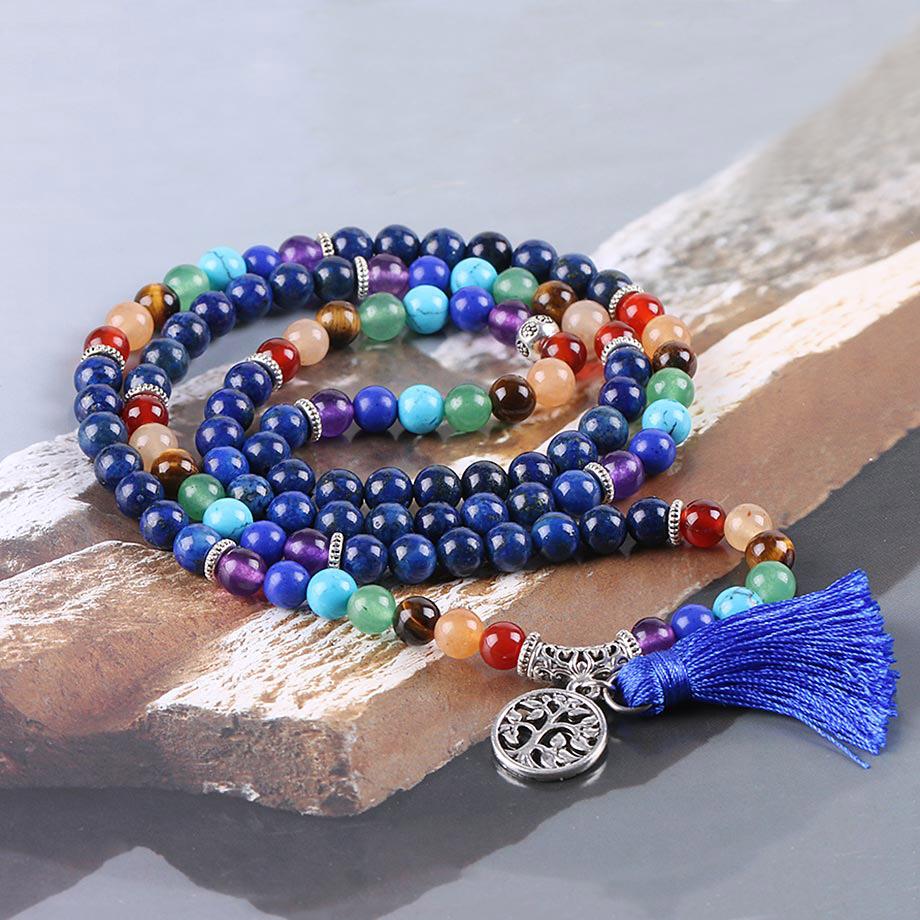 Tree of Life 7 Chakra Lapis Lazuli 108 Mala Beads Bracelet-Your Soul Place