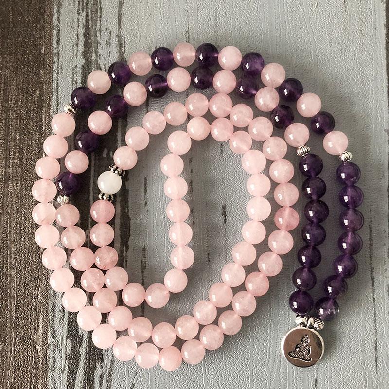 Rose Quartz Amethyst Mala 108 Beads Bracelet - Lotus / Buddha / Om-Your Soul Place