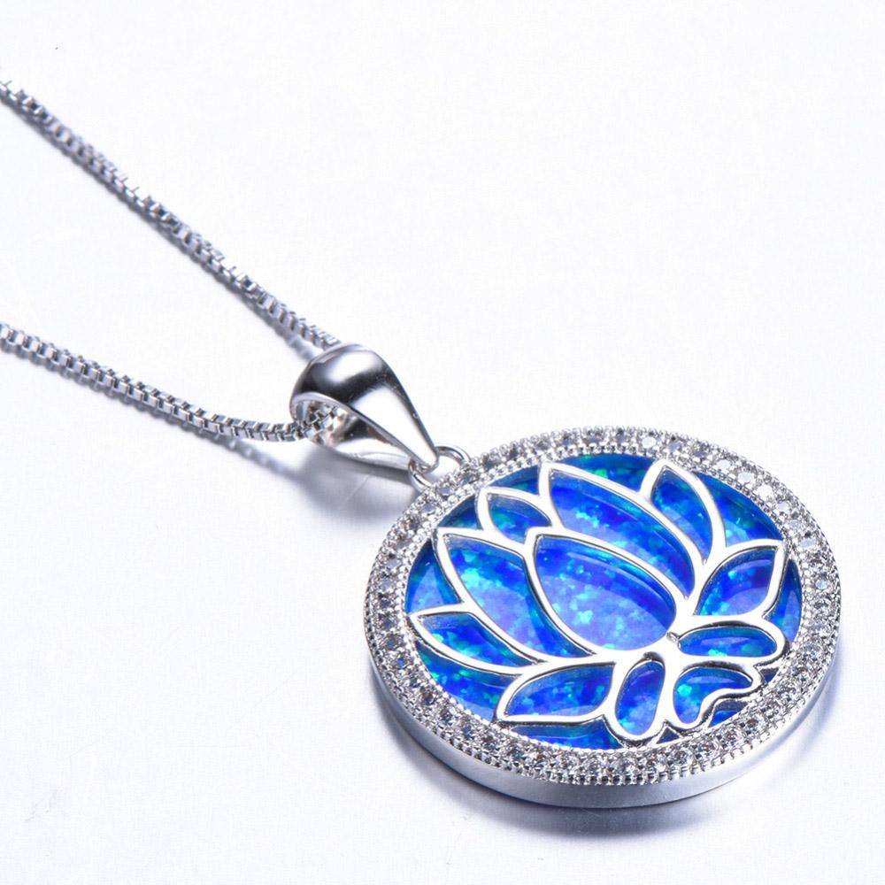 White/Blue Fire Opal Lotus 925 Sterling Silver Pendant Necklace-Your Soul Place