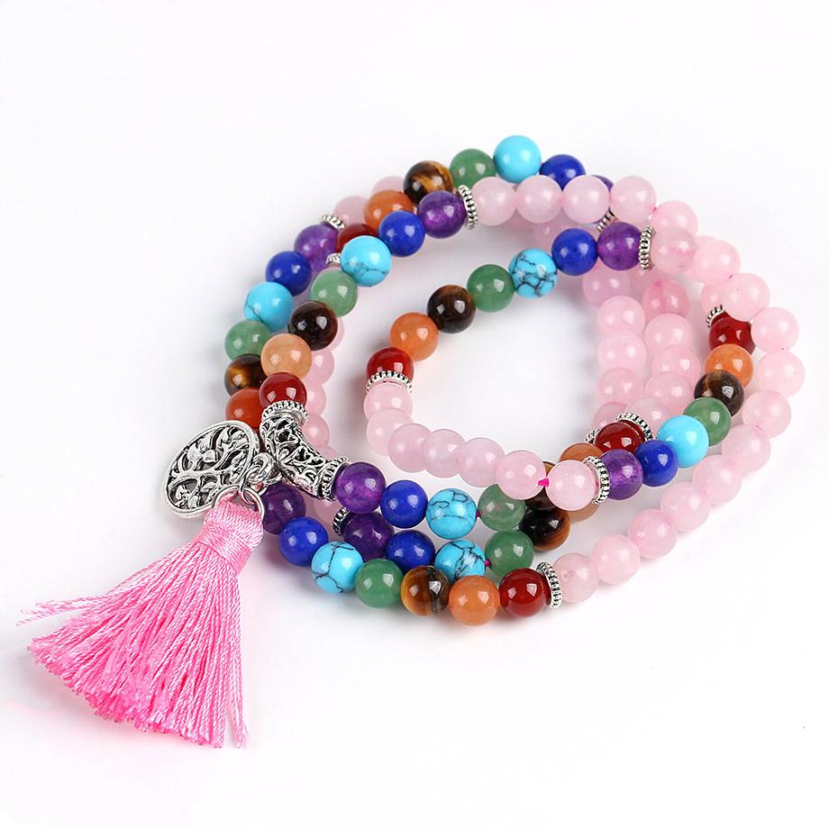 Tree of Life 7 Chakra Rose Quartz 108 Mala Beads Bracelet-Your Soul Place