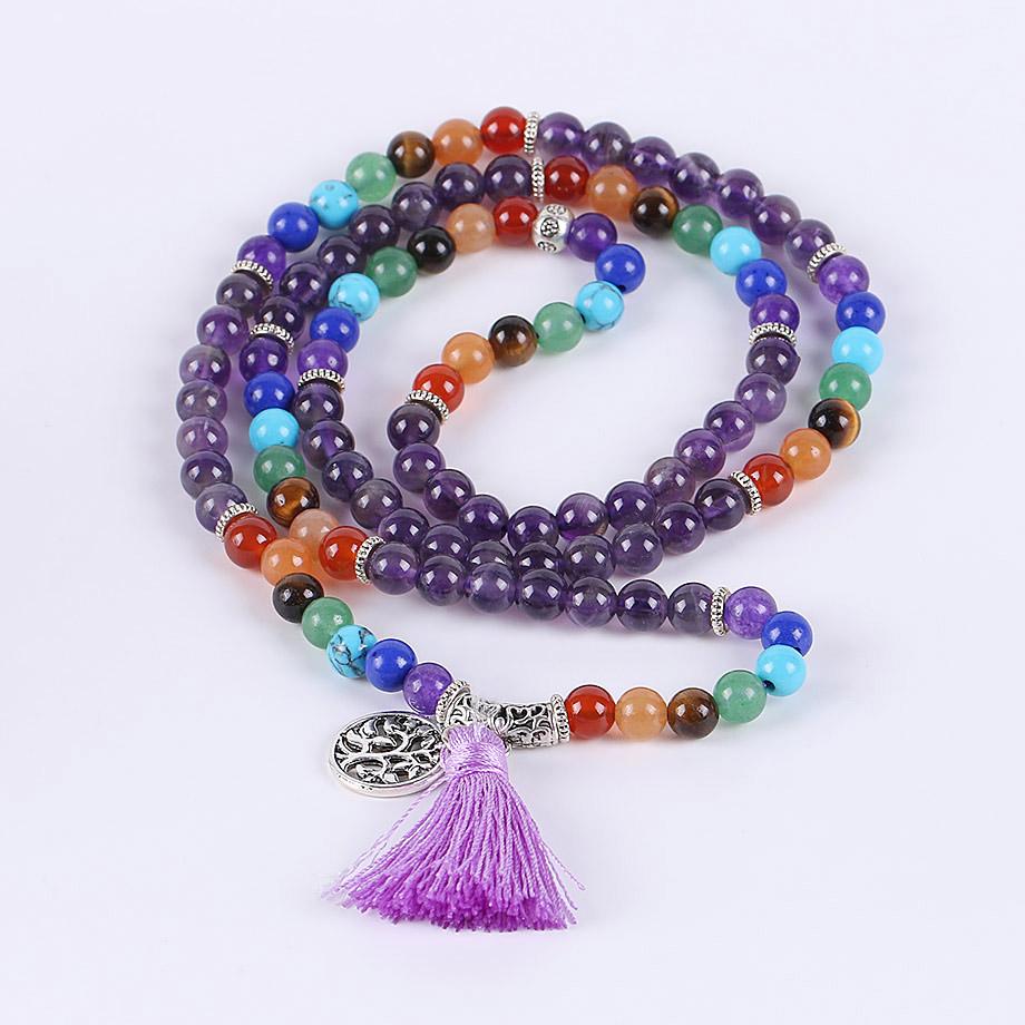Tree of Life 7 Chakra Amethyst 108 Mala Beads Bracelet-Your Soul Place