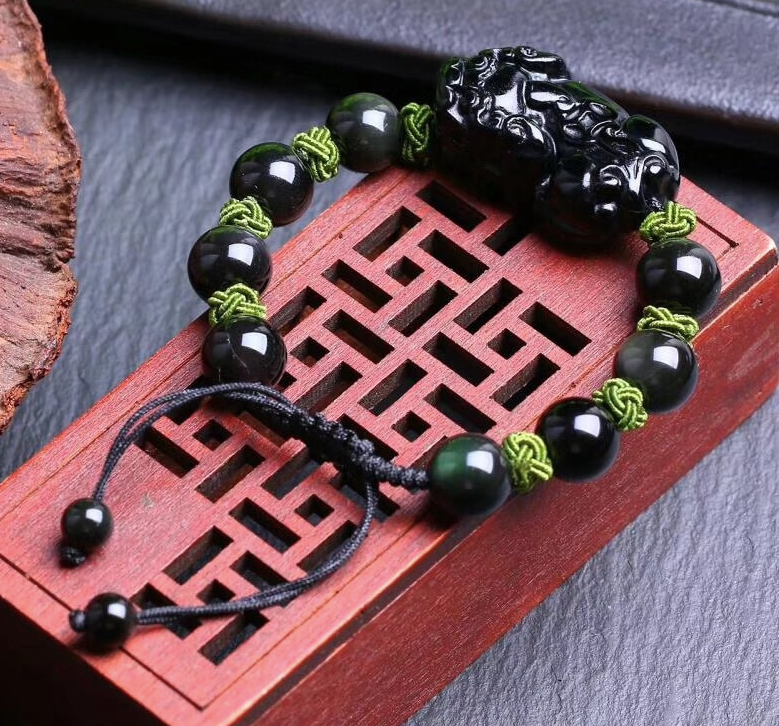 Double Attraction Pixiu & Natural Obsidian with Tiger Eye Bead Bracelet Beads 12mm