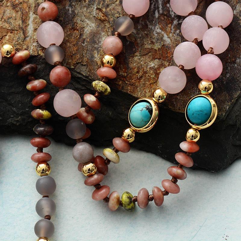 Pink Rose Quartz Arrowhead Mala Turquoise Necklace-Your Soul Place