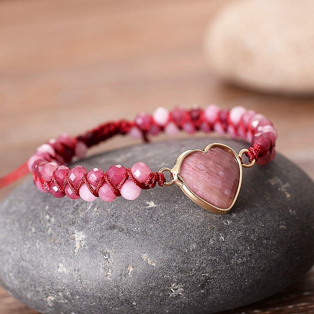 Strawberry Smoothie Rhodonite Heart Love Bracelet-Your Soul Place