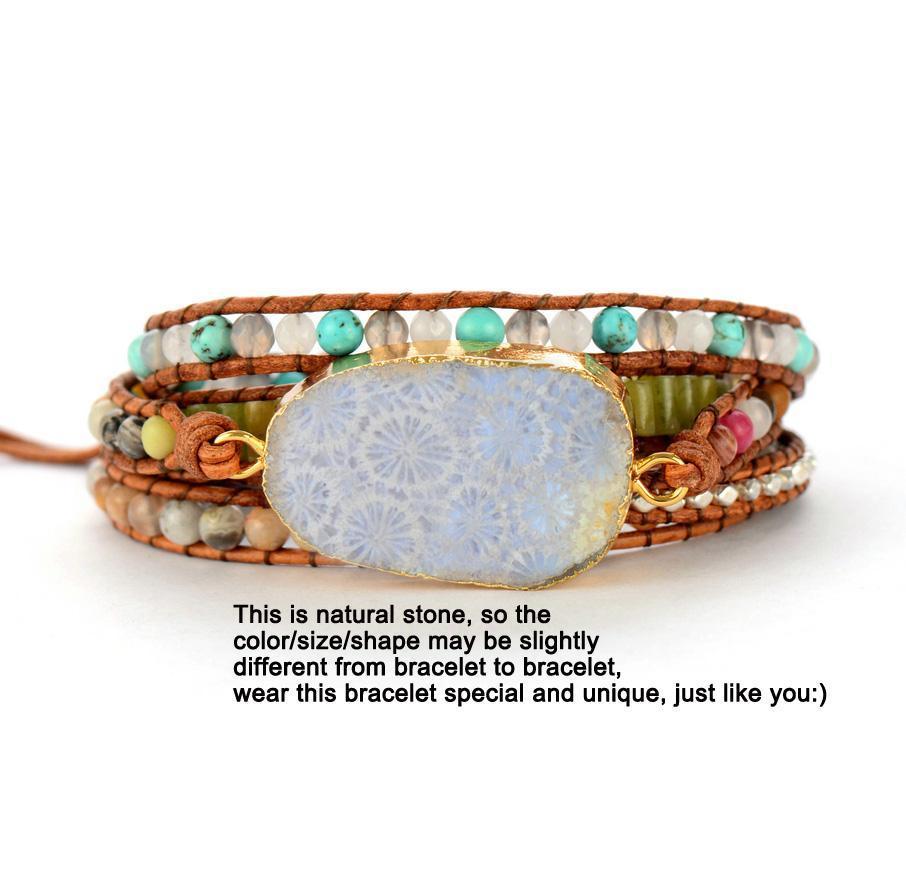 Chrysanthemum Fossil Coral Stone Multi Wrap Bracelet-Your Soul Place