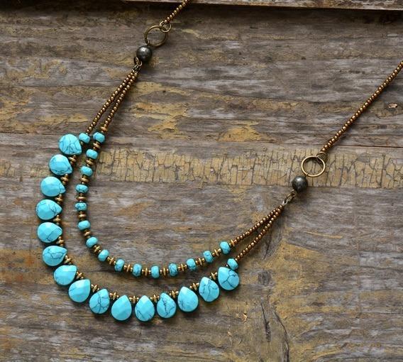 Stone Teardrop Beaded Turquoise Agate Boho Layered Chakra Necklace-Your Soul Place