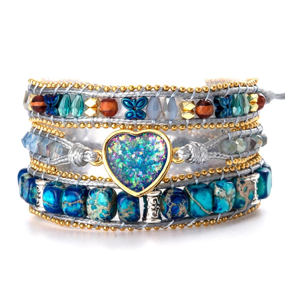 Sparkling Stars Blue Opal Heart Wrap Bracelet-Your Soul Place