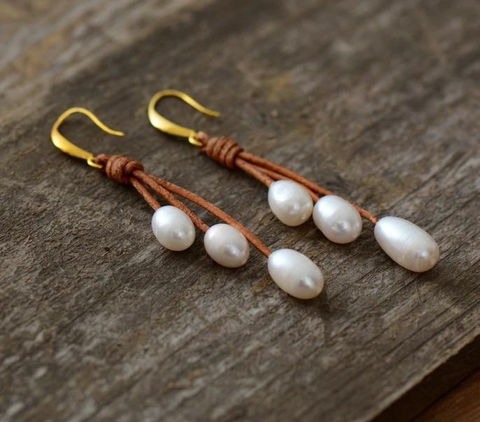 Handmade Pearl and Leather Earrings-Your Soul Place