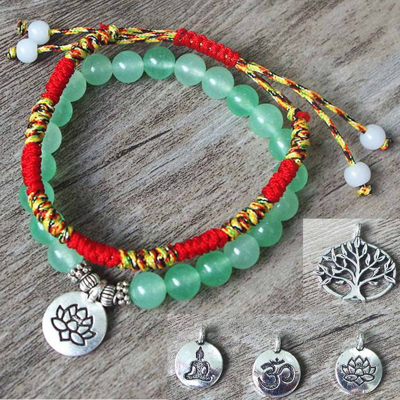 Natural Green Stone Beads Bracelet + Lucky Red Rope Bracelet - with LOTUS / OM  / BUDDHA /  LIFE TREE pendant-Your Soul Place