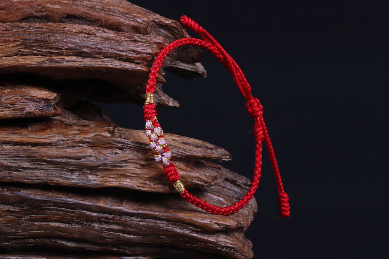 Lucky Handmade Buddhist Knots "Peach Flower" Rope Bracelet