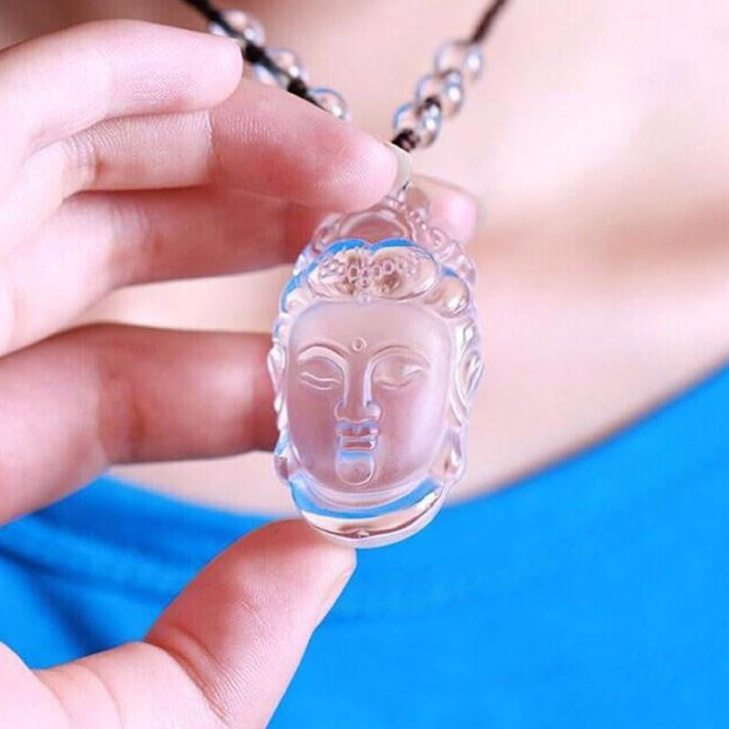 Natural Clear Crystal Carved Guanyin Pendant Necklace