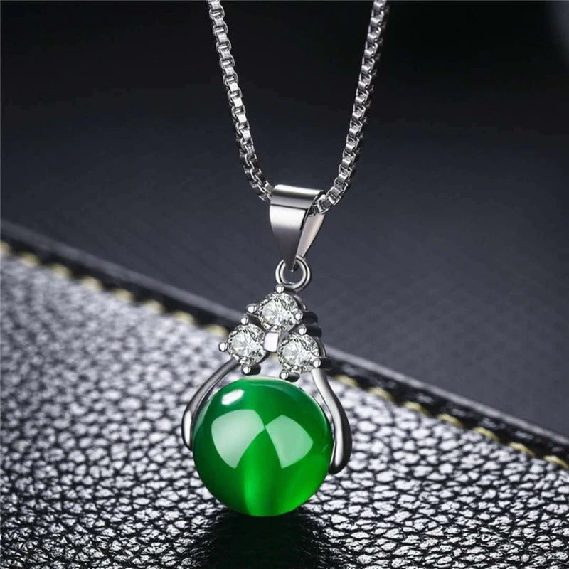 Natural Green Jade Money Wealth Ball Silver Necklace
