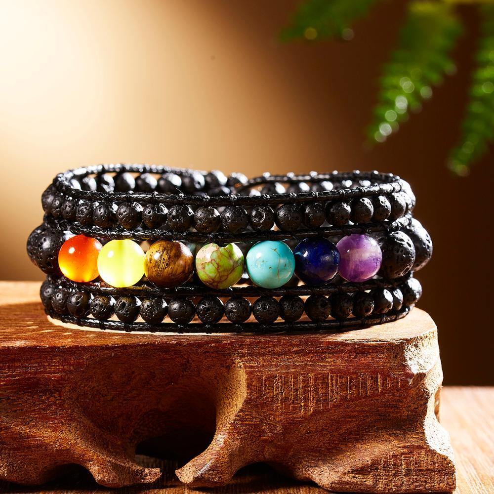7 Chakra Black Lava Stone Wrap Bracelet-Your Soul Place