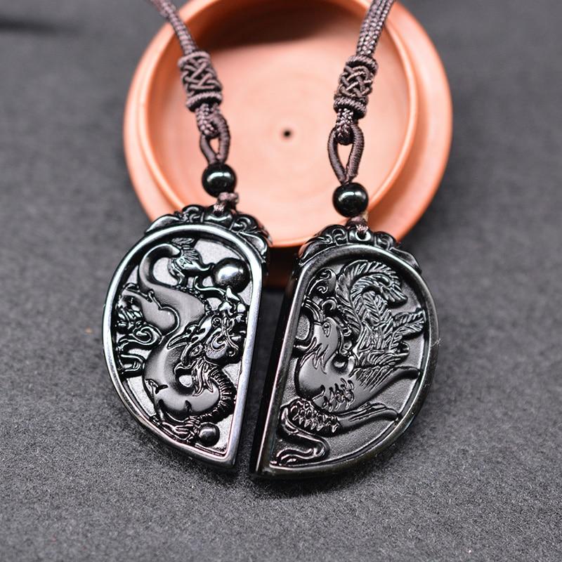 Couple Obsidian Carved Dragon X Phoenix Necklace Set-Your Soul Place