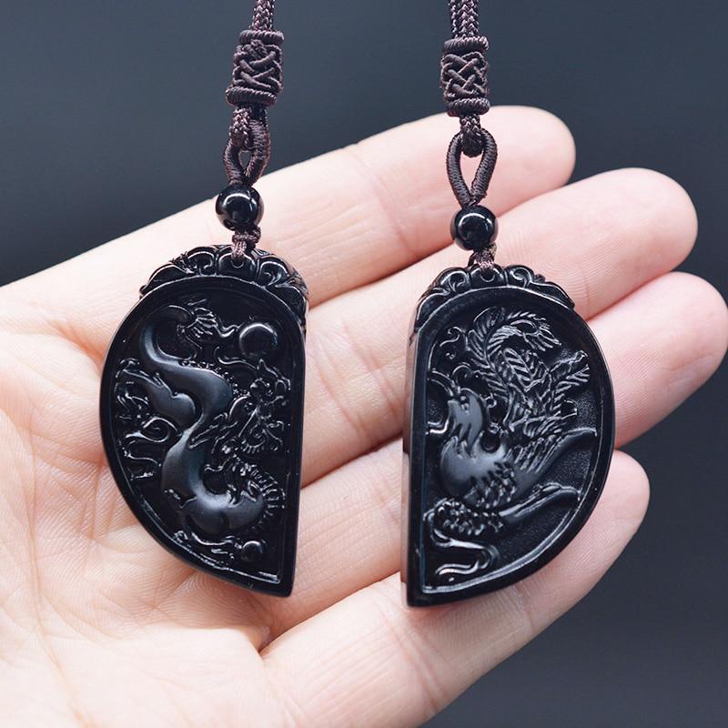 Couple Obsidian Carved Dragon X Phoenix Necklace Set-Your Soul Place