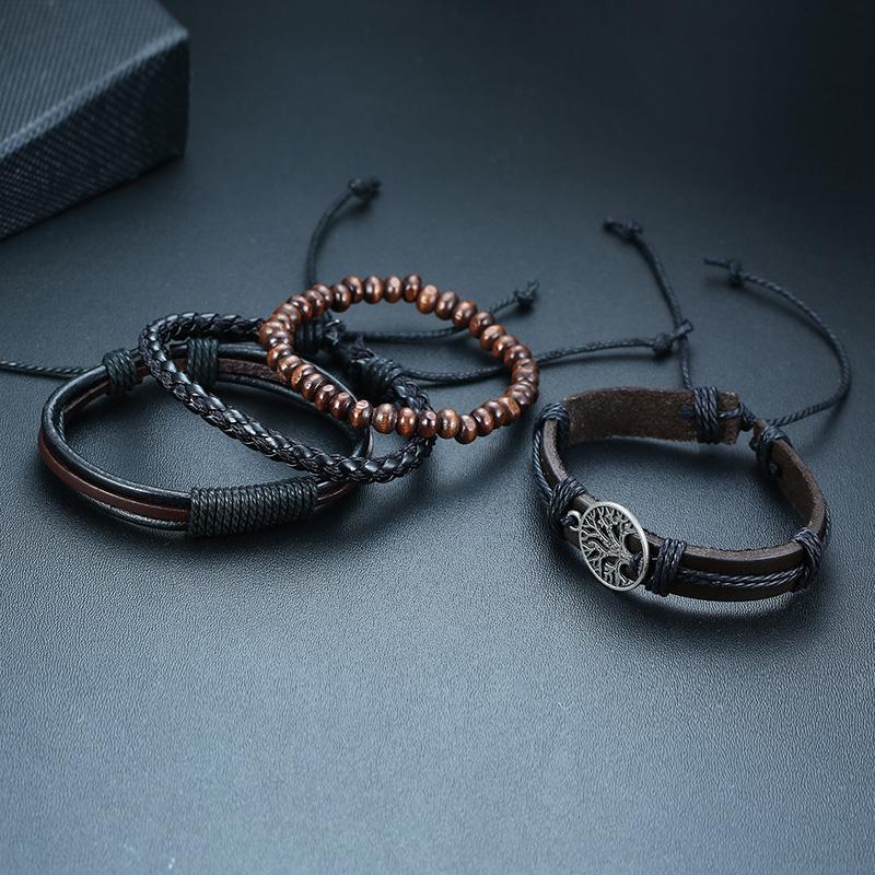 Tree Of Life Braided Wrap Leather + Wood Beads Bracelet Set-Your Soul Place