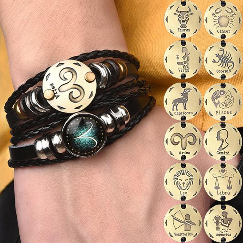 Zodiac Constellation 2 Bracelets Set - Luminous Charm Leather Bracelet + Gold Color Charm Leather Bracelet-Your Soul Place