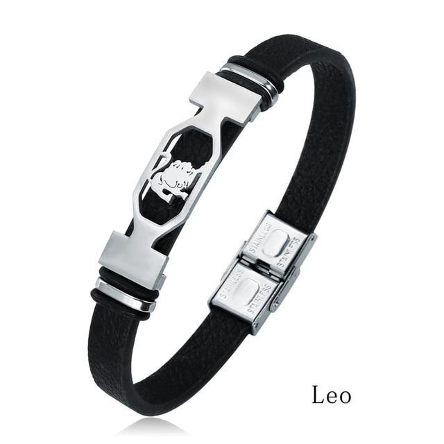 Stainless Steel Zodiac Constellation Leather Bracelet