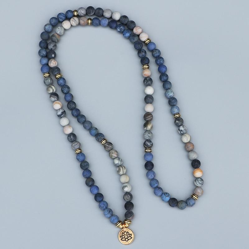 108 Matte Blue Stone X Picasso Stone Beads Mala with Lotus / Om / Buddha Charm-Your Soul Place