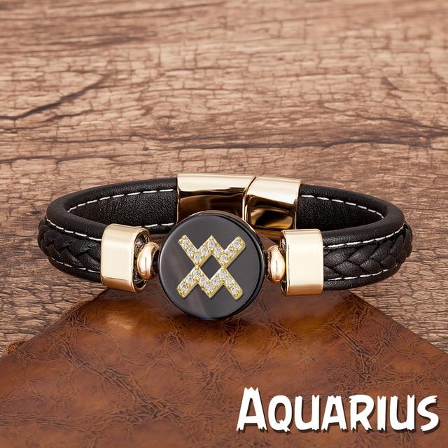 Zodiac Constellations Sign Natural Agate Leather Stainless Steel Bracelet
