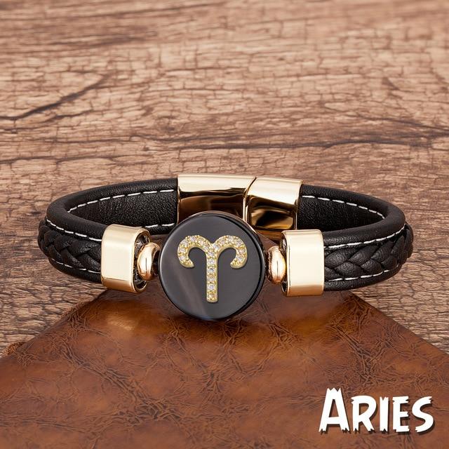 Zodiac Constellations Sign Natural Agate Leather Stainless Steel Bracelet