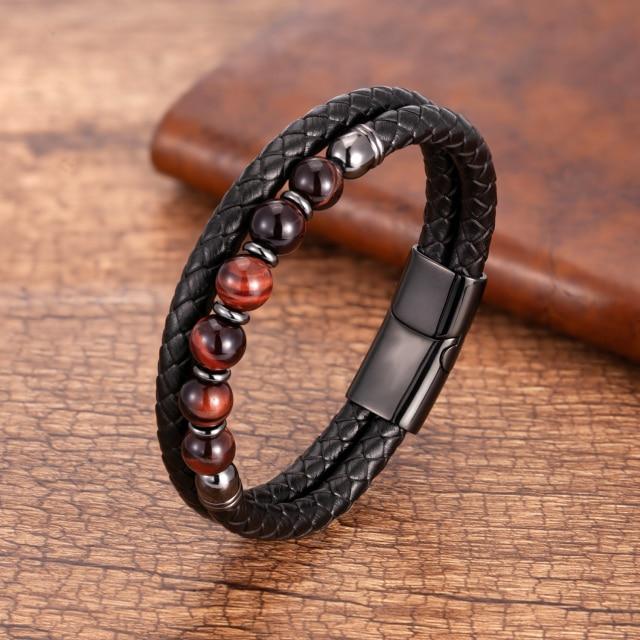 Tiger Eye Beads X Leather Stainless Steel Magnet Clasp Bracelet-Your Soul Place