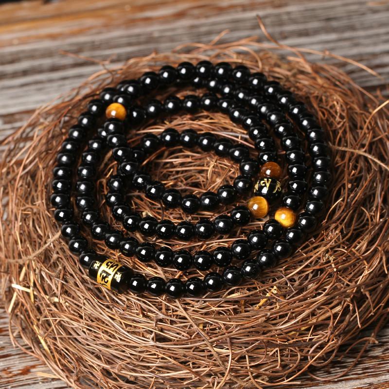 108 Natural Black Onyx Tiger Eye Tibetan Six True Words Mantra Beads Mala Bracelet-Your Soul Place