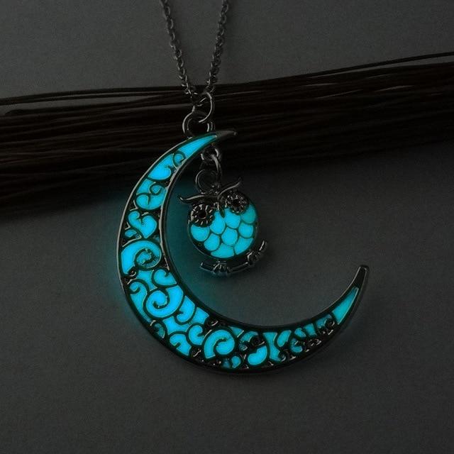 Glow In The Dark Crescent Moon Owl Spirit Pendant Necklace-Your Soul Place