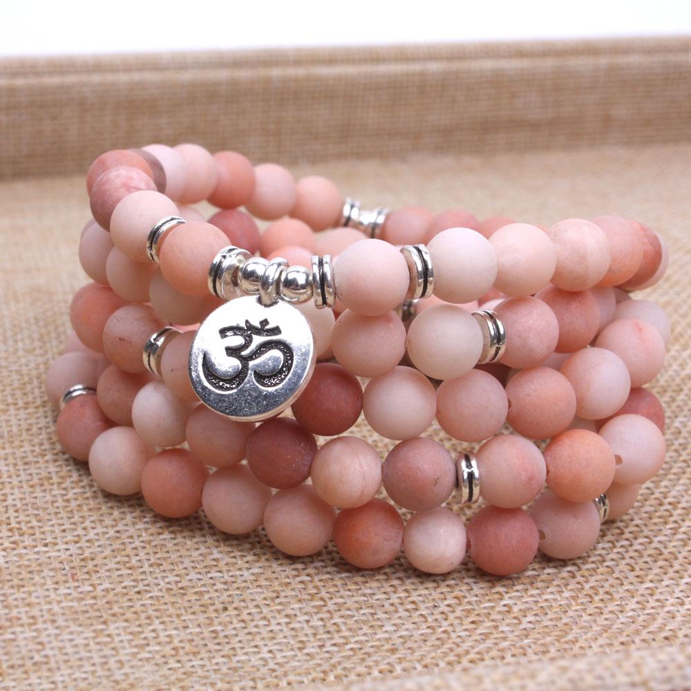 108 Frosted Pink Natural Stone Beads Mala Bracelet - Lotus / Buddha / Om Pendant-Your Soul Place