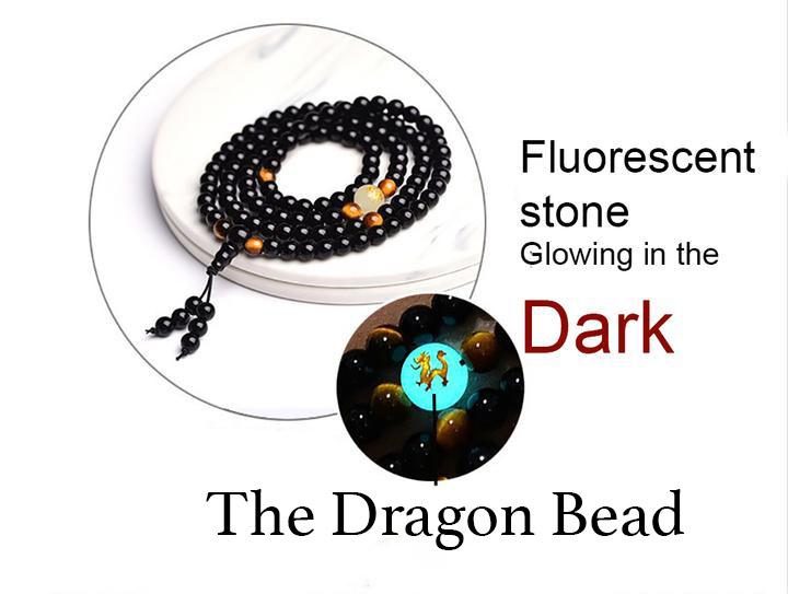 108 Black Onyx Mala Beads Luminous Dragon Bracelet - 8mm / 6mm