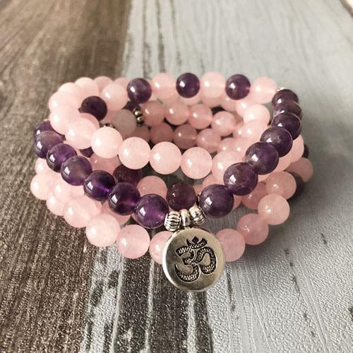 Rose Quartz Amethyst Mala 108 Beads Bracelet - Lotus / Buddha / Om-Your Soul Place