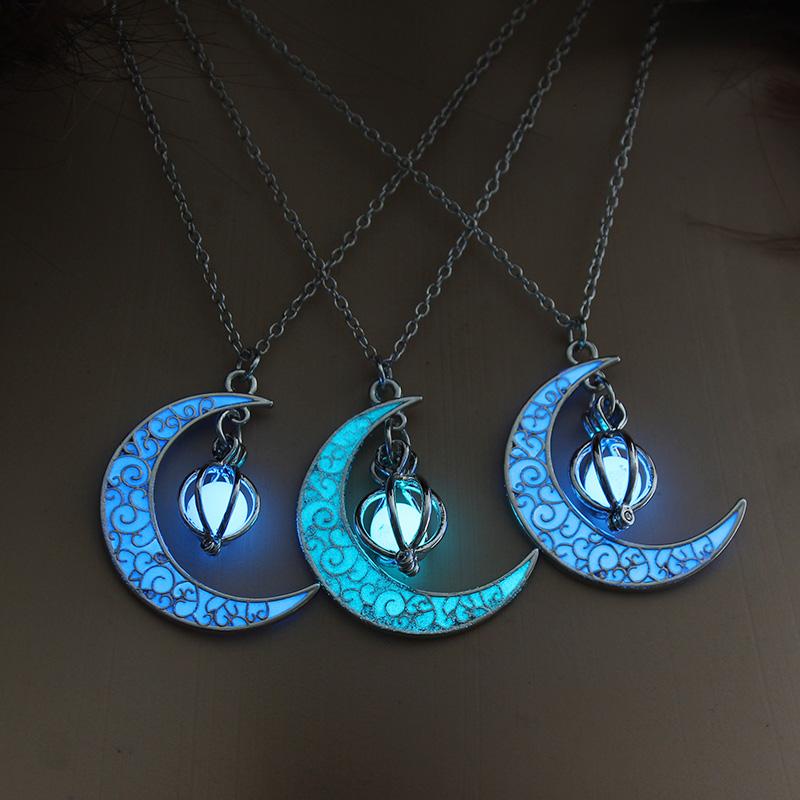 Glow In the Dark Crescent Moon Luminous Stone Beads Pendant Necklace-Your Soul Place