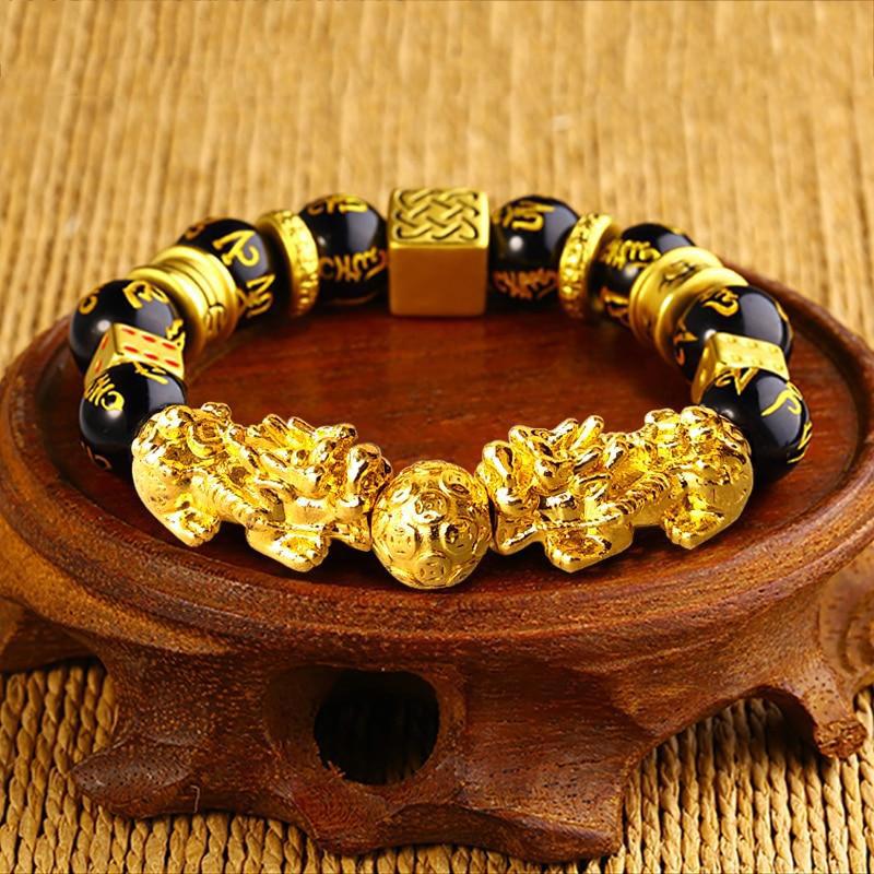 Gold Color Pixiu (Brave Troops) Six True Words Mantra Beads Bracelet-Your Soul Place